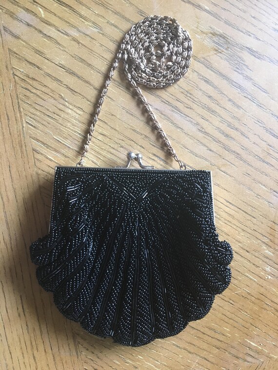 Black wedding purse with beads, shell shaped purse