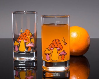 Magical Mushroom Juice Glass Set with Pink, Orange and Golden Yellow Retro Mushroom Design Inspired by Vintage 70s Kitchenware