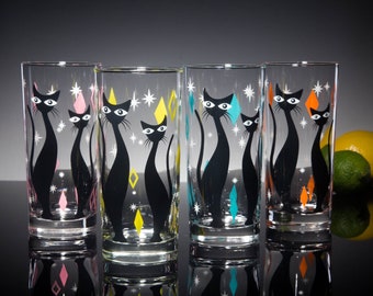 Atomic Cat 4-Color Set of Drinking Glasses, Dishwasher Safe Cocktail or Water Glasses, Inspired by MCM Mid Century Modern Vintage Glassware