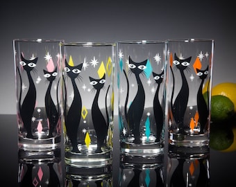 Atomic Cat 4-Color Set of Drinking Glasses, Dishwasher Safe Cocktail or Water Glasses, Inspired by MCM Mid Century Modern Vintage Glassware