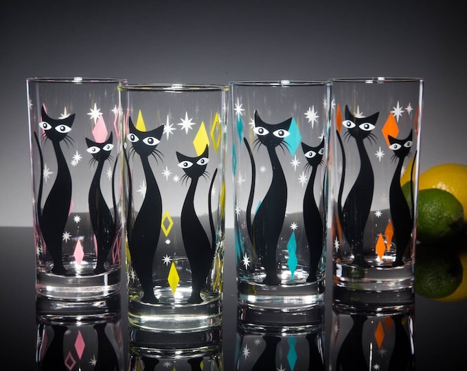 Atomic Cat Drinking Glasses: MCM Retro Cocktail Set of 4 Party Colors