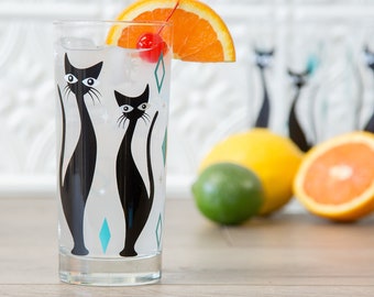 Atomic Cosmic Cat MCM Mid Century Modern Vintage Inspired Collins Drinking Glasses Hand Printed in Ohio USA
