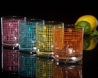 Basket Weave 4-Color Rocks Set of Retro Drinking Glasses, Dishwasher Safe Old Fashioned Lowball Style Glassware