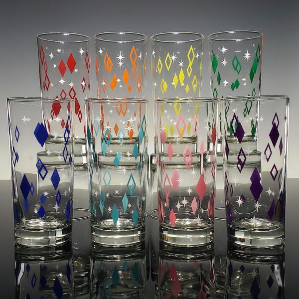 Diner Diamonds Collins Drinking Glasses: MCM Retro Cocktail Set of 8