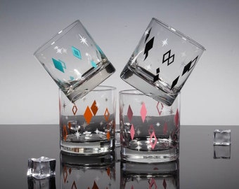 Diner Diamonds 4-Color Set of Rocks, Old Fashioned Lowball Drinking Glasses Inspired by MCM Mid Century Modern Vintage Barware