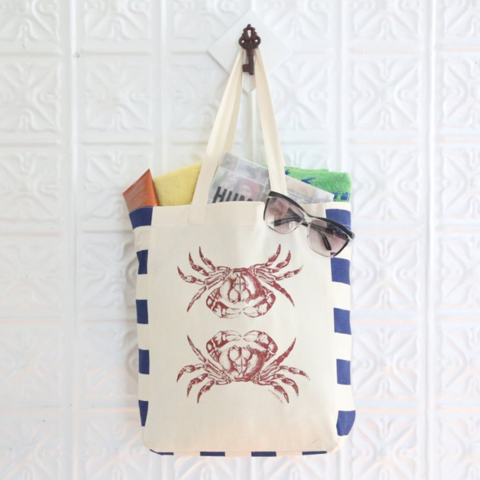 Crab Bag Screenprinted Canvas Tote featuring Navy Blue Etsy