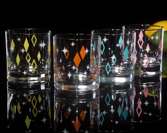 Diner Diamonds 4-Color Rocks Set of MCM Mid Century Modern Vintage Inspired Old Fashioned Lowball Style Drinking Glasses