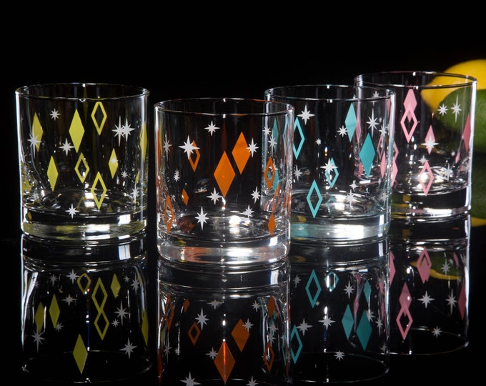 Diner Diamond Rocks Drinking Glasses: MCM Retro Cocktail Set of 4 Party Colors