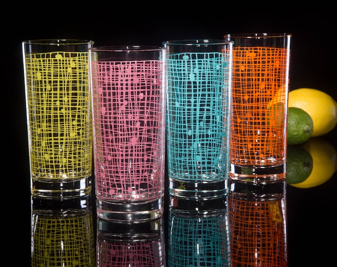 Basket Weave Collins Drinking Glasses: MCM Retro Cocktail Set of 4