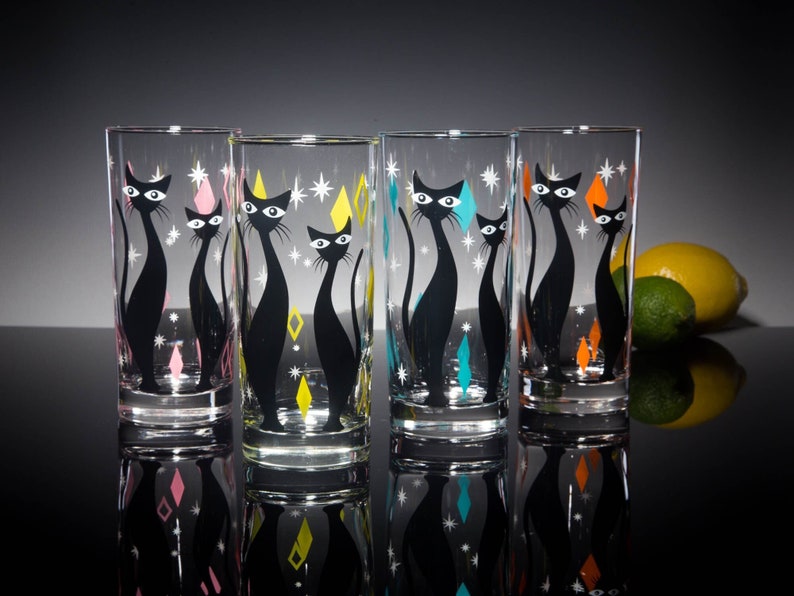 Atomic Cat 4-Color Set of Drinking Glasses, Dishwasher Safe Cocktail or Water Glasses, Inspired by MCM Mid Century Modern Vintage Glassware