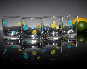 Atomic Starburst Rocks Set of 4 MCM Mid Century Modern Old Fashioned Lowball Retro Style Drinking Glasses Inspired by Vintage Dinnerware