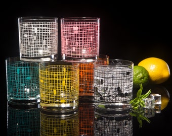 Basket Weave 6-Color Rocks Set of Drinking Glasses, Dishwasher Safe Lowball, Old Fashioned Retro Style Glassware
