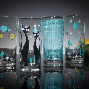 Aqua MCM Set of 4 Mixed Print Collins Glasses, Dishwasher Safe Cocktail or Water Glasses, Inspired by Mid Century Modern Vintage Glassware