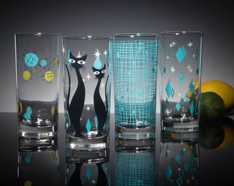 Aqua MCM Set of 4 Mixed Print Collins Glasses, Dishwasher Safe Cocktail or Water Glasses, Inspired by Mid Century Modern Vintage Glassware