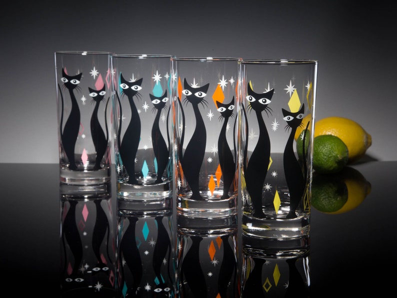 Atomic Cat 4-Color Set of Drinking Glasses, Dishwasher Safe Cocktail or Water Glasses, Inspired by MCM Mid Century Modern Vintage Glassware image 3