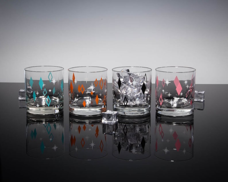 Diner Diamonds 4-Color Set of Rocks, Old Fashioned Lowball Drinking Glasses Inspired by MCM Mid Century Modern Vintage Barware image 3