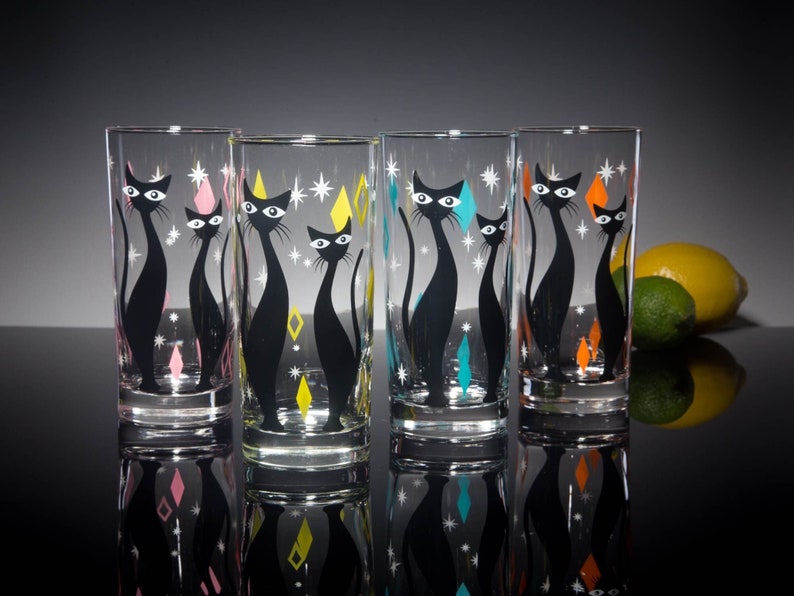 Atomic Cat 4-Color Set of Drinking Glasses, Dishwasher Safe Cocktail or Water Glasses, Inspired by MCM Mid Century Modern Vintage Glassware image 2