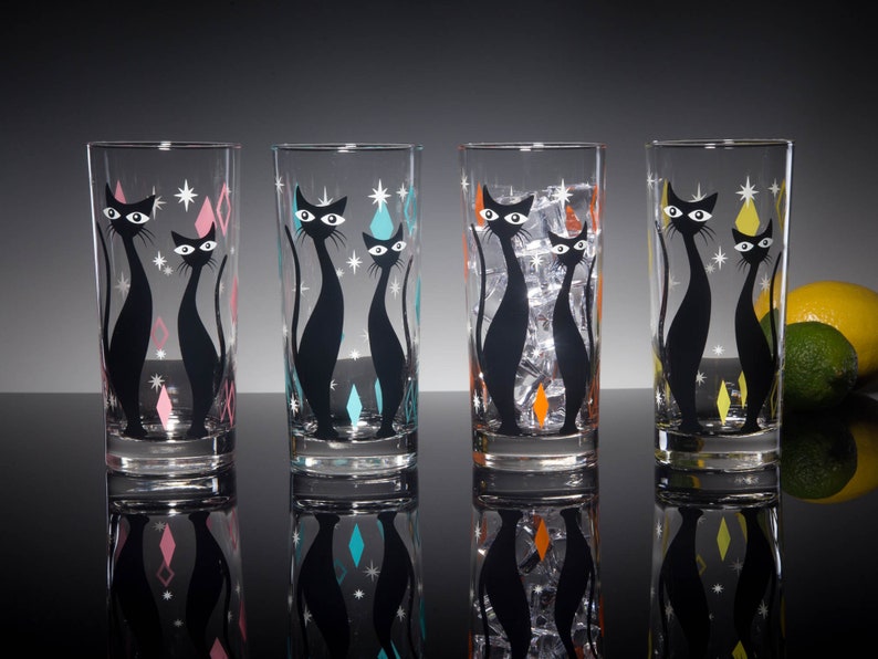 Atomic Cat 4-Color Set of Drinking Glasses, Dishwasher Safe Cocktail or Water Glasses, Inspired by MCM Mid Century Modern Vintage Glassware image 5