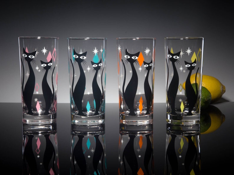 Atomic Cat 4-Color Set of Drinking Glasses, Dishwasher Safe Cocktail or Water Glasses, Inspired by MCM Mid Century Modern Vintage Glassware image 4