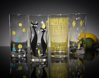 Yellow MCM Set of 4 Mixed Print Collins Glasses, Dishwasher Safe Cocktail or Water Glasses, Inspired by Mid Century Modern Vintage Glassware