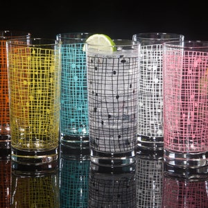 Basket Weave 6-Color Set of Collins Drinking Glasses, Dishwasher Safe Cocktail or Water Glasses, Inspired by MCM Vintage Glassware