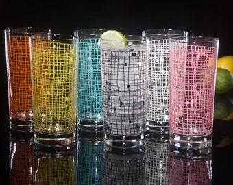 Basket Weave 6-Color Set of Collins Drinking Glasses, Dishwasher Safe Cocktail or Water Glasses, Inspired by MCM Vintage Glassware