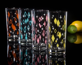 Diner Diamonds 4-Color Collins Set of Retro Drinking Glasses, Inspired by MCM Mid Century Modern Vintage Drinkware