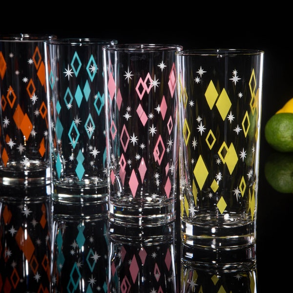 Diner Diamonds 4-Color Collins Set of Retro Drinking Glasses, Inspired by MCM Mid Century Modern Vintage Drinkware