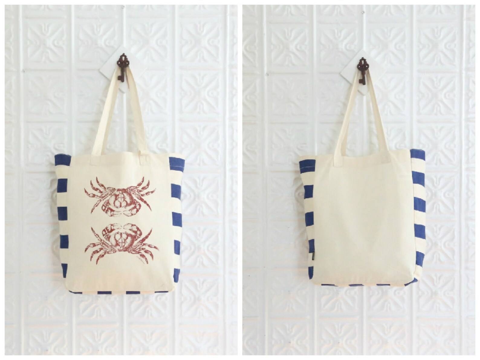 Crab Bag Screenprinted Canvas Tote featuring Navy Blue Etsy