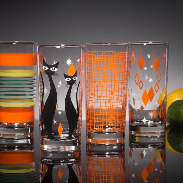 Orange MCM Set of 4 Mixed Print Collins Glasses, Dishwasher Safe Cocktail or Water Glasses, Inspired by Mid Century Modern Vintage Glassware