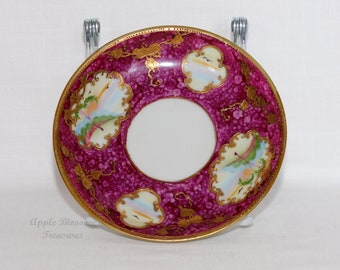 Vintage Hand Painted Saucer Only - Made In Japan - Water Scenes - Burgundy w/ Embossed Gold Leaf Paint