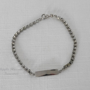 Vintage Estate Rhinestone Crystal Silver Plate Engraveable ID Tennis Bracelet Anklet