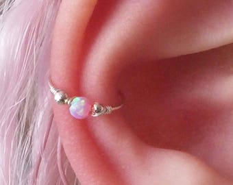 Aro para piercing de concha con cuenta de ópalo rosa/azul/verde/blanco de 3 mm, joyería para piercing de concha en plata de ley/oro laminado.