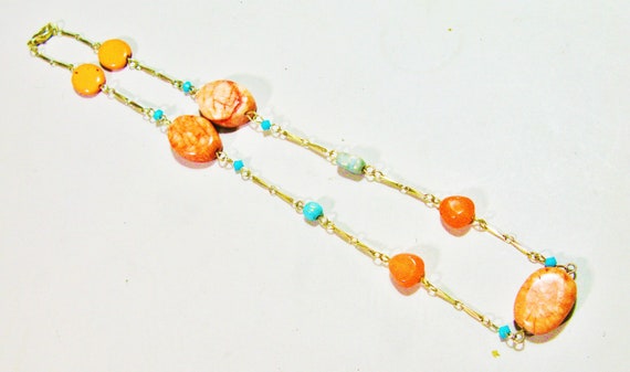 Peach Agate Necklace Peach & Turquoise Agate Ston… - image 2