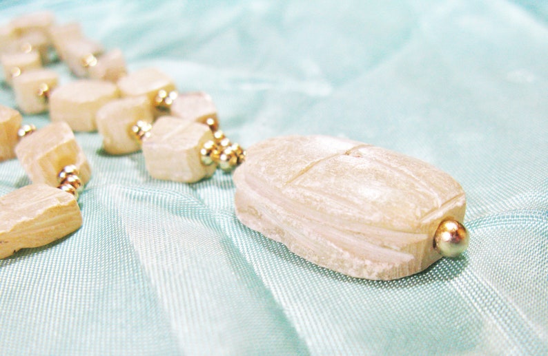 Vintage Egyptian Revival Scarab Necklace, Hand Carved Soapstone Beetle Necklace, Retro image 2