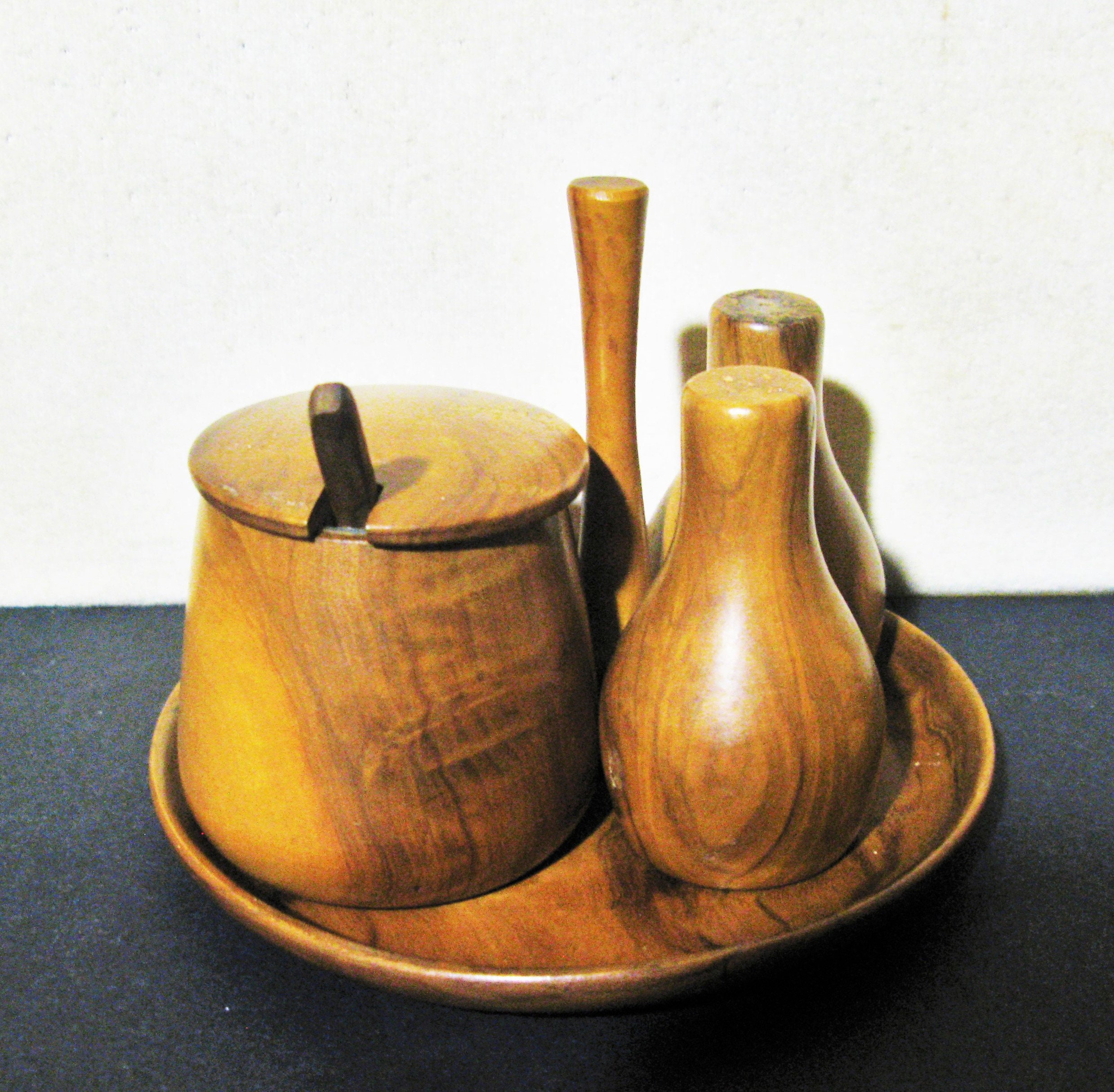 Mid Century Cruet Set Modernist Wood Cruet Condiment Set Etsy