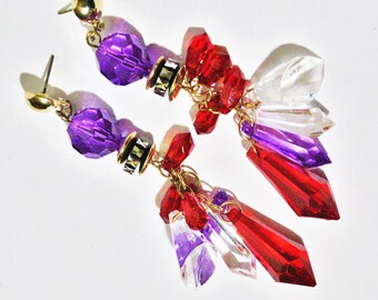 1980s Long Earrings, Red Purple Crystal & Bead Chandelier Earrings, New / Old Vintage Retro