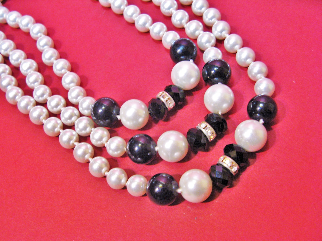 153cm Pearl Necklace Long Faux Pearl Black Beads & Diamante Etsy