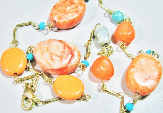 Peach Agate Necklace Peach & Turquoise Agate Ston… - image 3