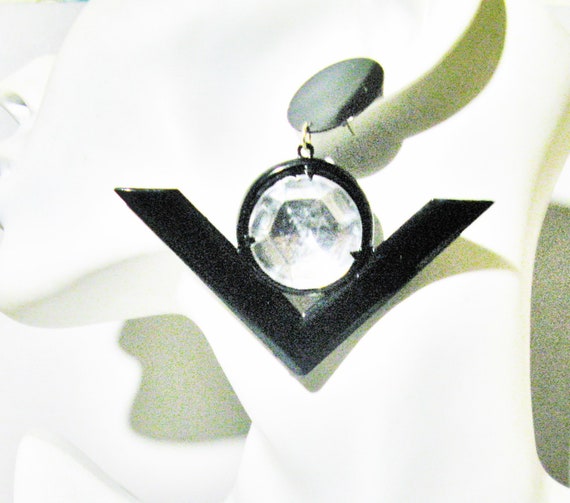 1970s Geometric Enamel Earrings, Large Black Tria… - image 3
