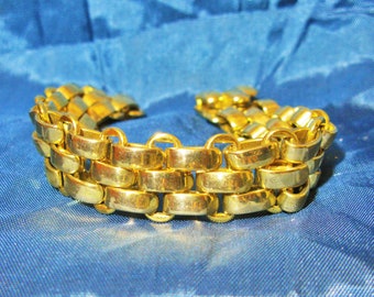 Chunky Gold Link Bracelet, Wide Bangle Cuff, Fabulous Quality, High End, 1980s Vintage Retro Statement