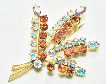 Crystal Diamante Spray Brooch AB Crystal & Topaz Diamante Claw Set 1950s Vintage Retro Mid Century MCM