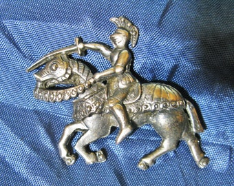 Medieval Knight Brooch, Jousting Knight on Horseback, Dark Silver Tone, Vintage Mid Century MCM