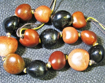 Vintage Kukui Nut Necklace, Black and Brown on Cord, Boho