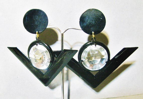 1970s Geometric Enamel Earrings, Large Black Tria… - image 4