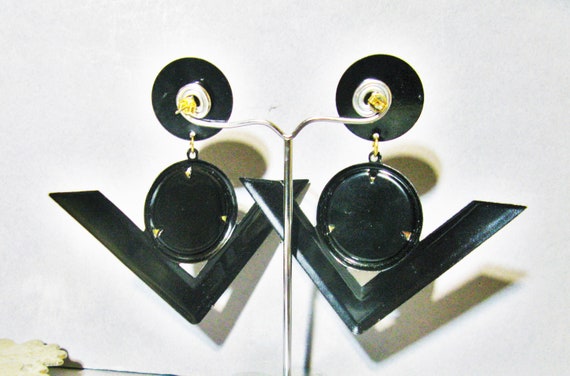 1970s Geometric Enamel Earrings, Large Black Tria… - image 6