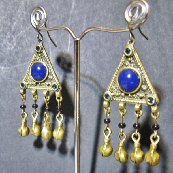 Estelle Earrings Ethnic Style Blue Cabochon Dangle Designer Signed Vintage Boho Retro Hippie