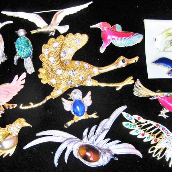 Lot Bird Brooches Diamante Crystal Enamel Eagle Albatross Peacock Vintage Retro Mid Century Destash Re-Sale Job Lot Bundle