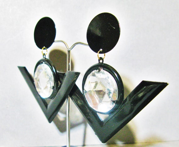 1970s Geometric Enamel Earrings, Large Black Tria… - image 1