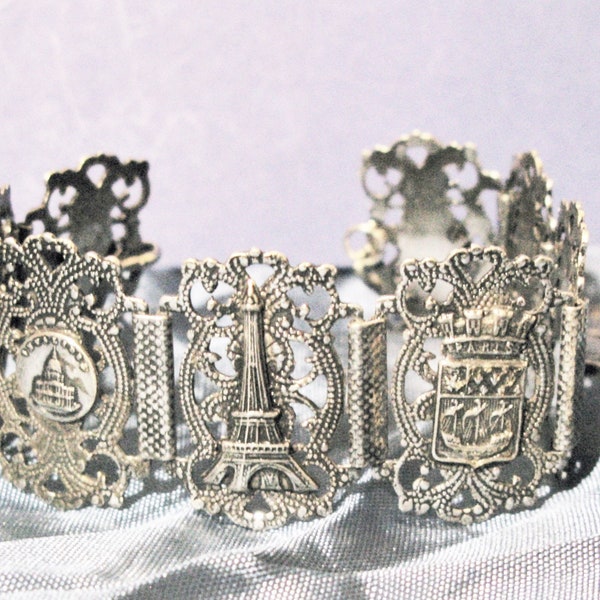 French Filigree Souvenir Bracelet Panel Link Silver Plate Scenes of Paris France Tourist Bracelet Eiffel Tower Vintage Mid Century Retro